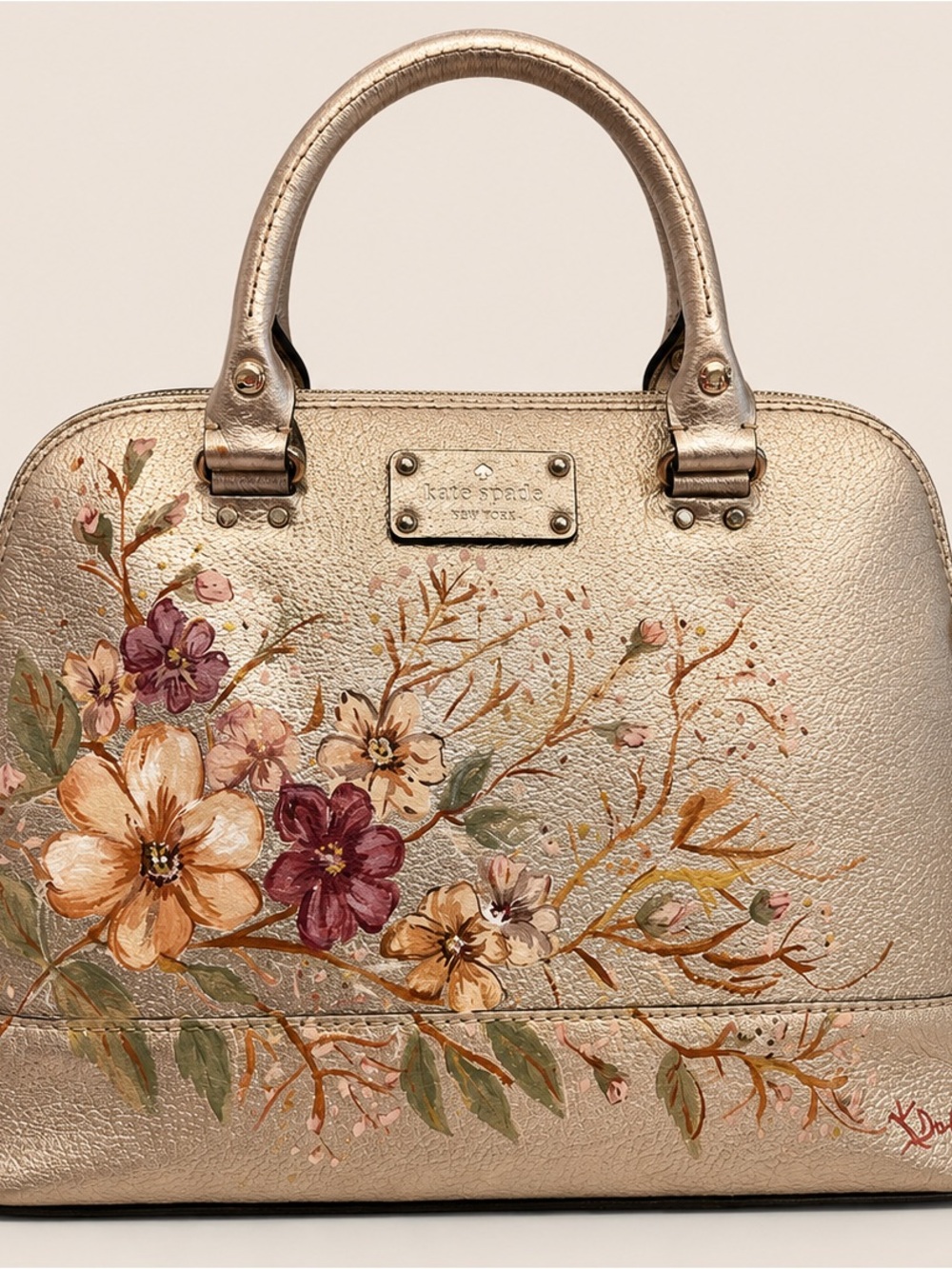 Hand Painted Kate Spade Champagne Floral Satchel Crossbody